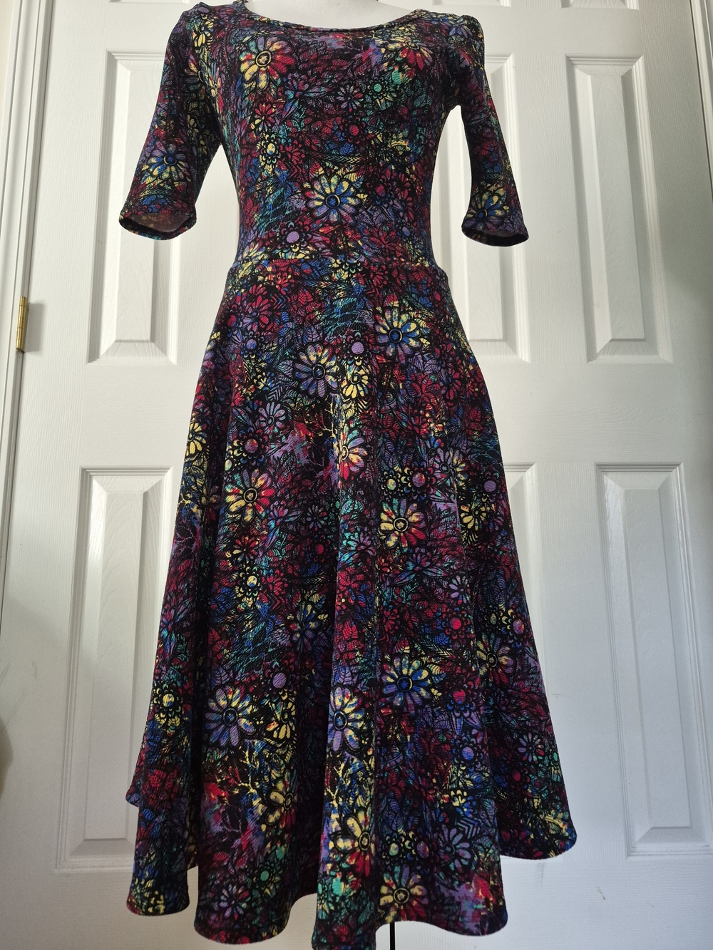 LuLaRoe Multicolor Floral Midi Dress in Purple, Blue, Yellow, Pink